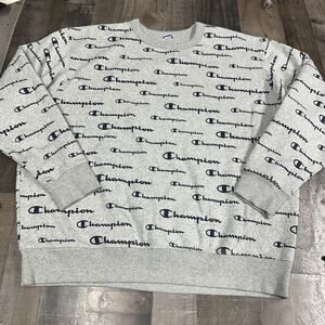 Champion Men's Powerblend AOP Crew Solid Scripts Oxford Cotton Polyester Gray 2X